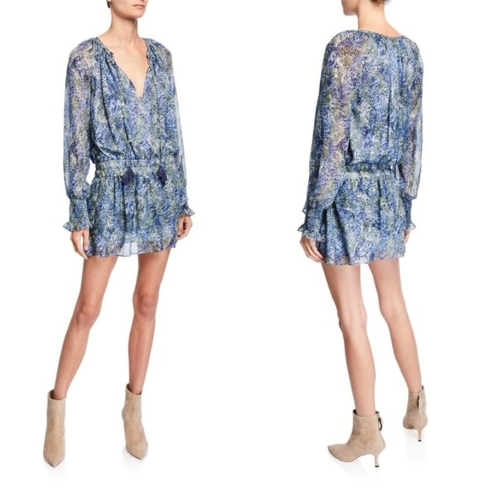 Ramy Brook Brinley Blue Sage Green Mini Blouson Printed Silk Dress 8 Boho Chic